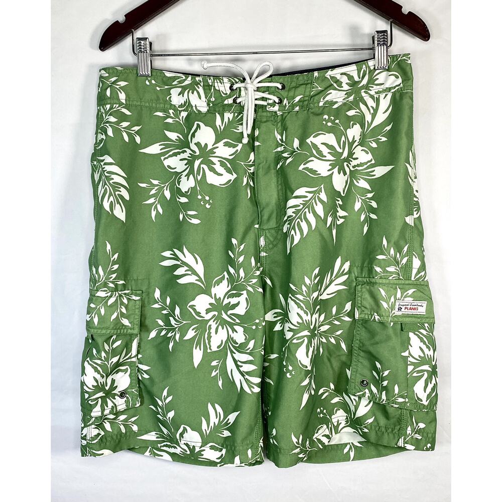 Planks Hawaiian Sz 32 Green Hibiskus Board Shorts Swimsuit Mens Swim Trunk Cargo